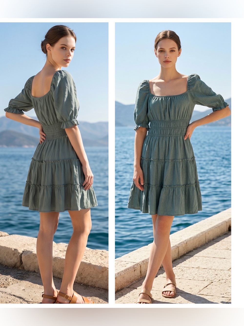 Altar’d State Women Sz S square neck low back Sage Grn Smocked Tiered Mini Dress